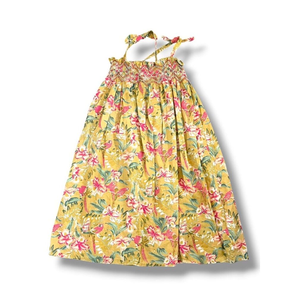 Louise Misha Marceline Soft Honey Parrots Smocked Ruffle Gold Yellow Dress 5Y